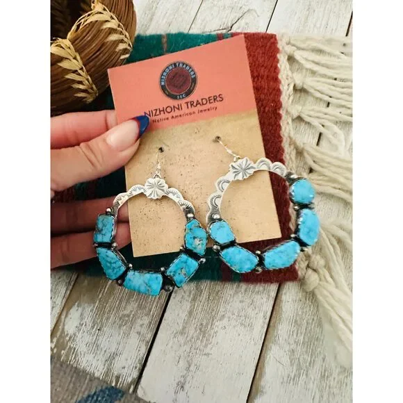Handcrafted Turquoise & Sterling Silver Dangle Hoop Earrings